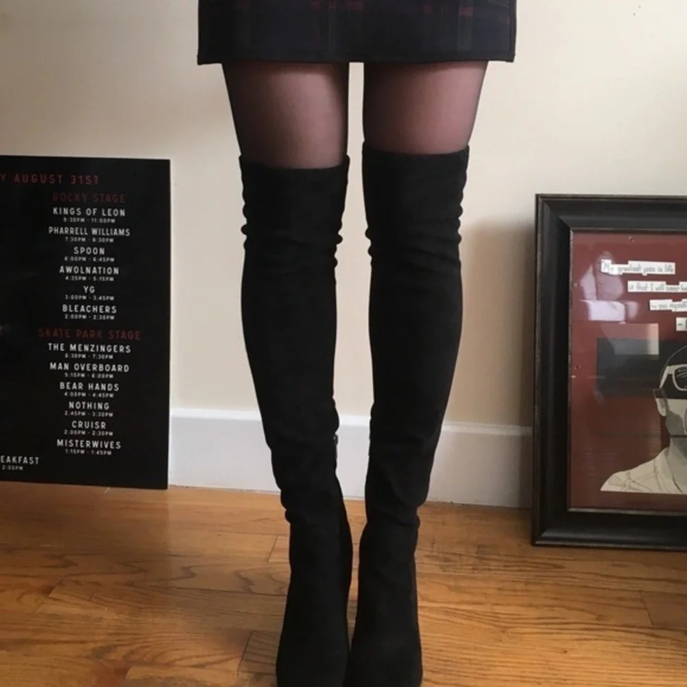 Sam Edelman Kristie Over The Knee Black Suede Kitten Heel Zip Up Point Toe Boots - Picture 4 of 16